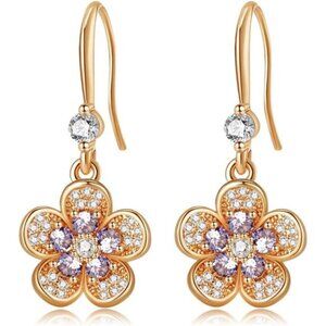 Austrian Crystal Flower Dangle Drop Earrings for Women 14K Gold Plated